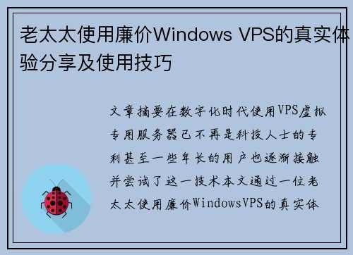 老太太使用廉价Windows VPS的真实体验分享及使用技巧